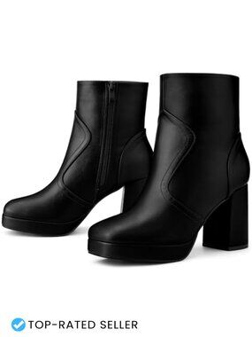 Women's Squared Toe Platform Chunky Heels Ankle Boots Faux Leather Block Heel